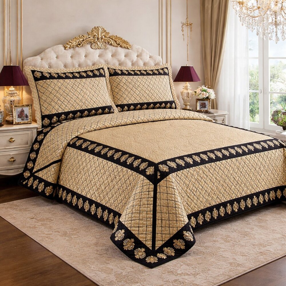 Luxury Gold Black Damask Bedspread Quilt Set Embroidered Royal Bedding King Quee